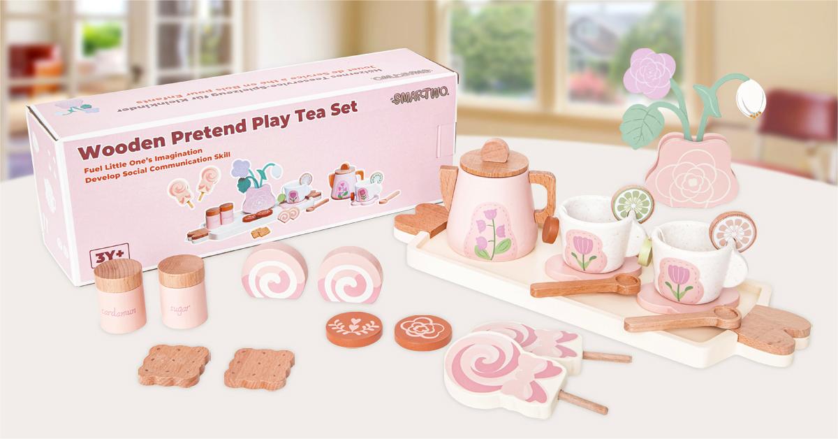 Smartwo Wooden Tea Set for Little Girls | Toddlers Pretend Play Toy | Improve Imagination and Social Skills