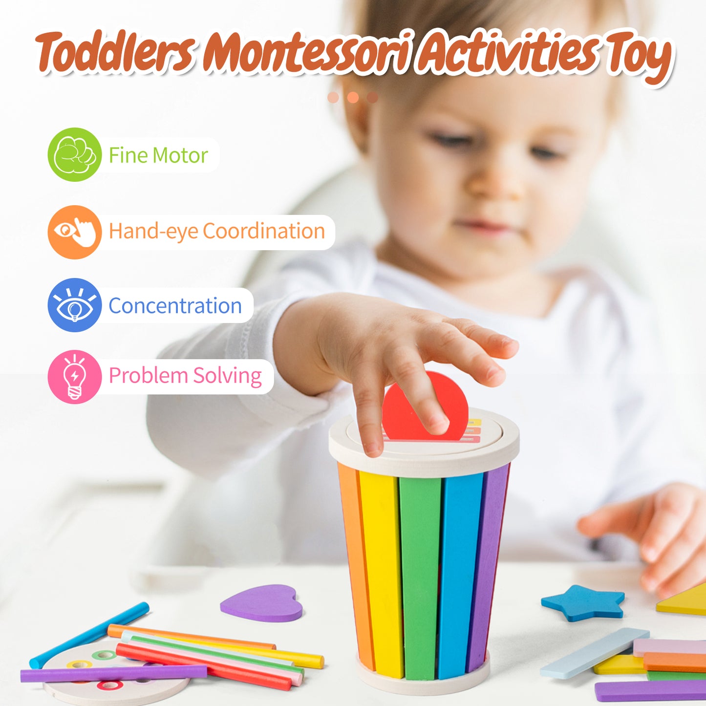 Smartwo Montessori Sensory Toy for Toddlers, 3 in1 Wooden Learning Color and Shape Sorting Matching Games