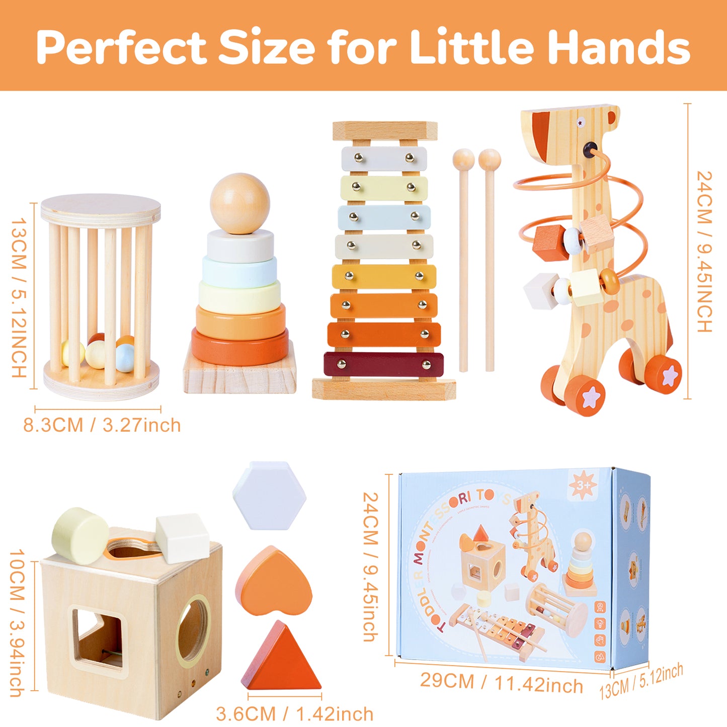 Smarttwo Wooden Montessori Toy Set for Toddlers 1-3, Educational for Shape Sorting, Stacking, Musical Delightment (5units)
