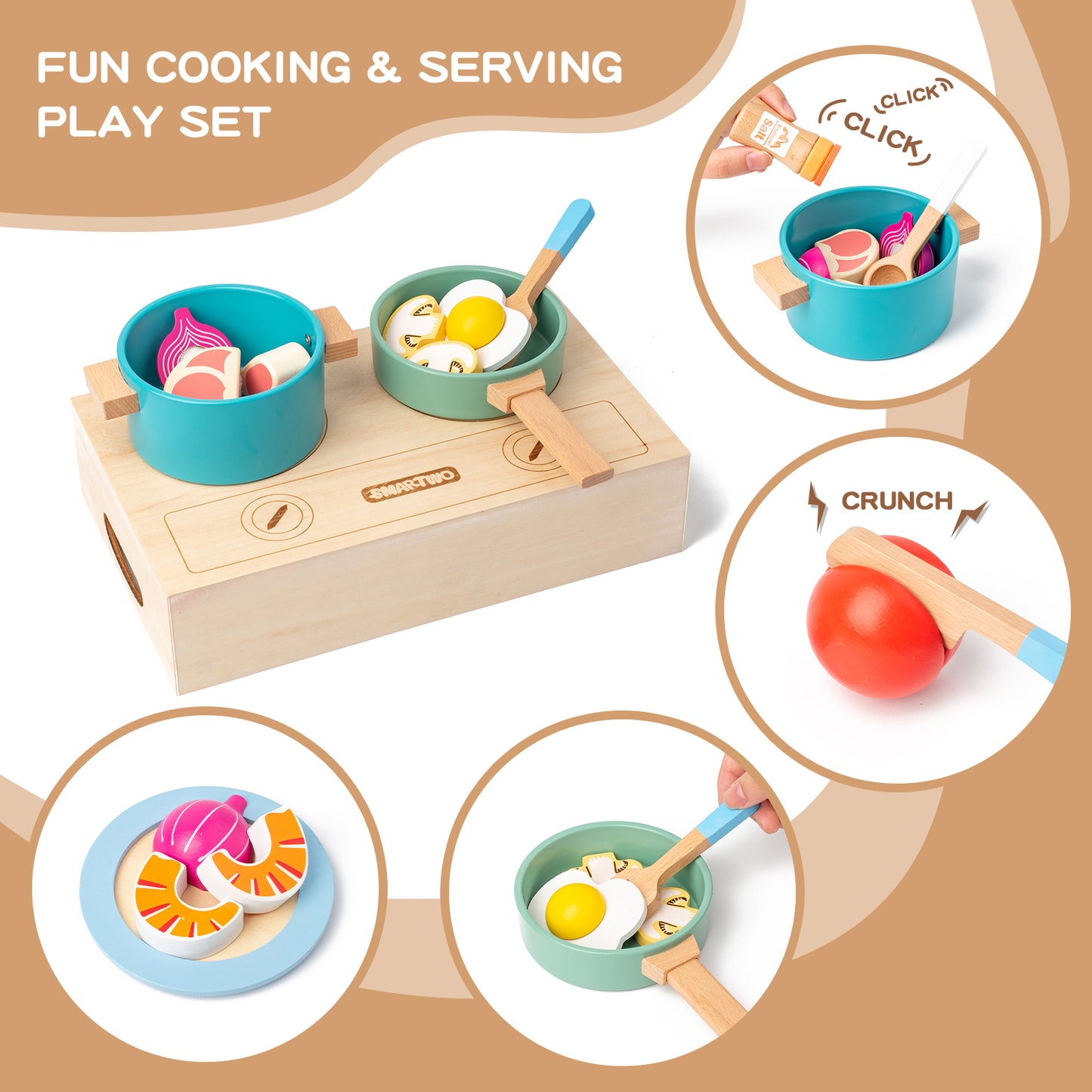 Smartwo Wooden Play Cooking Set, Kitchen Accessories Food Toy for Toddlers Pretend Play (27PCS)