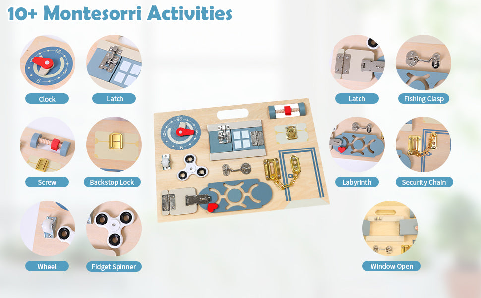 Educational Montessori Busy Board for Toddlers' Sensory Fidget Activities, Wood Toy to Develop Children's Fine Moto, Idea for Kids or Preschoolers Aged 2 to 5 Years Old