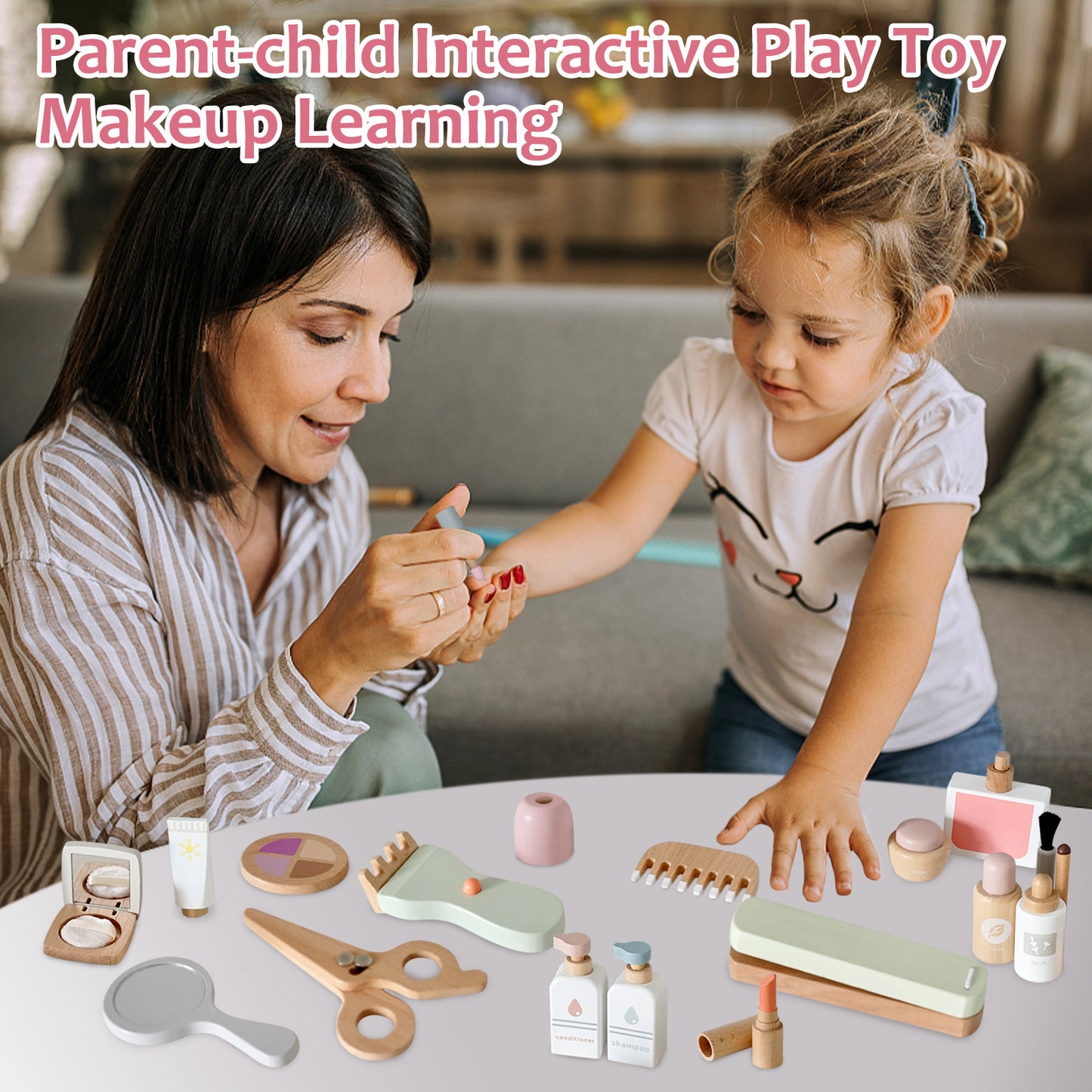 Smartwo Wooden Makeup Toy Set for Toddlers Pretend Play Game, Compact with Facial Care, Makeup and Hair Salon (22PCS)