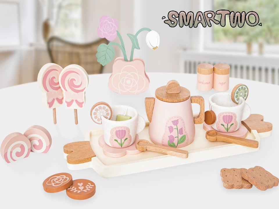 Smartwo Wooden Tea Set for Little Girls | Toddlers Pretend Play Toy | Improve Imagination and Social Skills