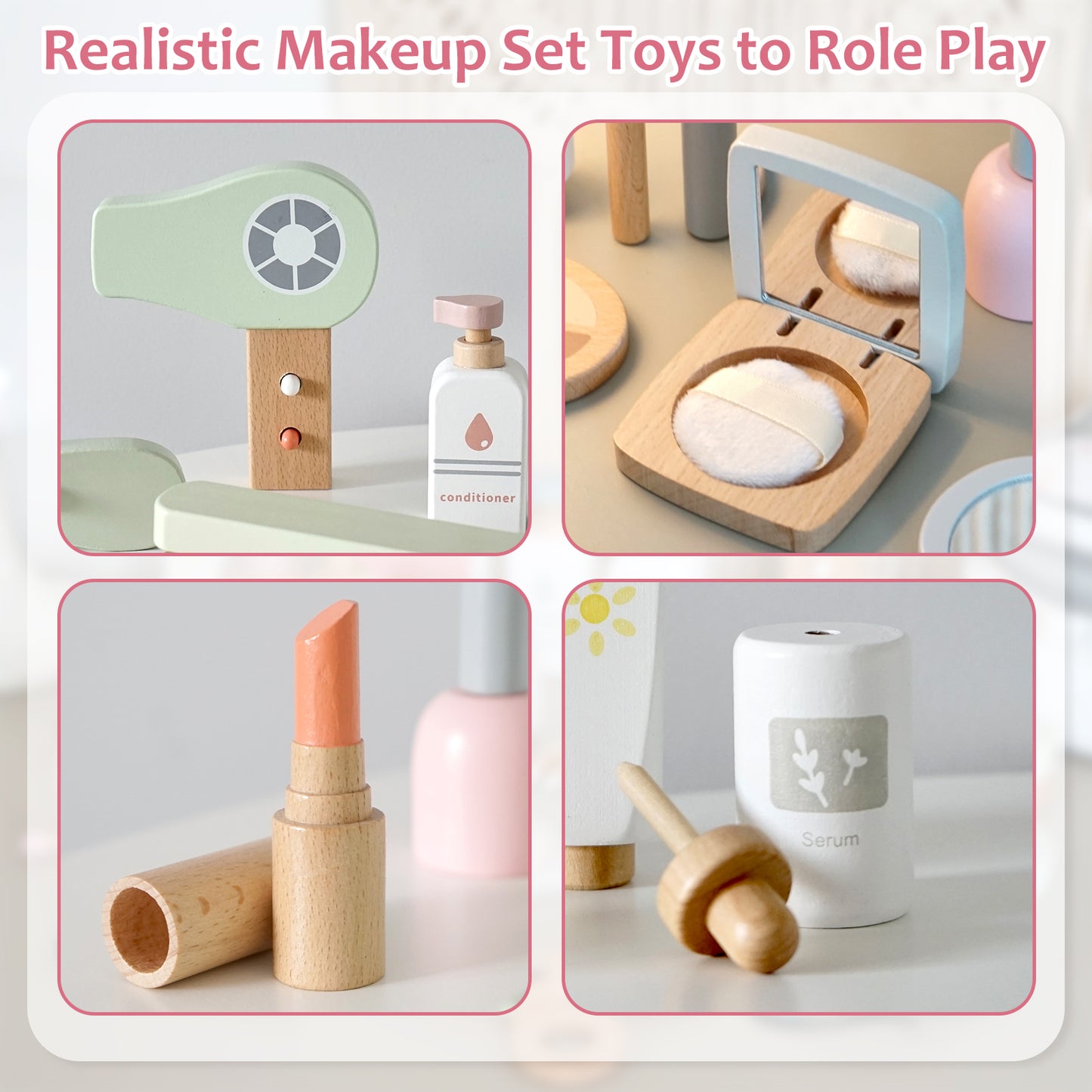 Smartwo Wooden Makeup Toy Set for Toddlers Pretend Play Game, Compact with Facial Care, Makeup and Hair Salon (22PCS)