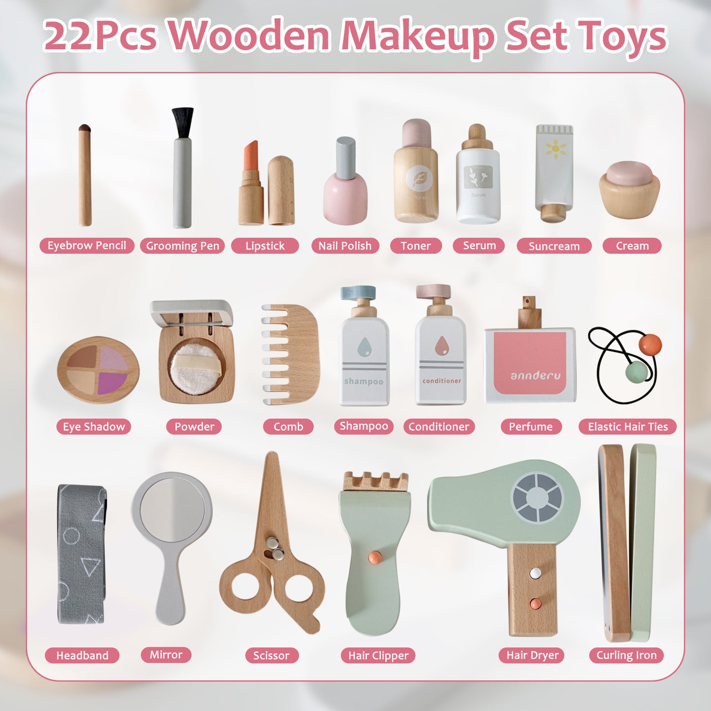 Smartwo Wooden Makeup Toy Set for Toddlers Pretend Play Game, Compact with Facial Care, Makeup and Hair Salon (22PCS)