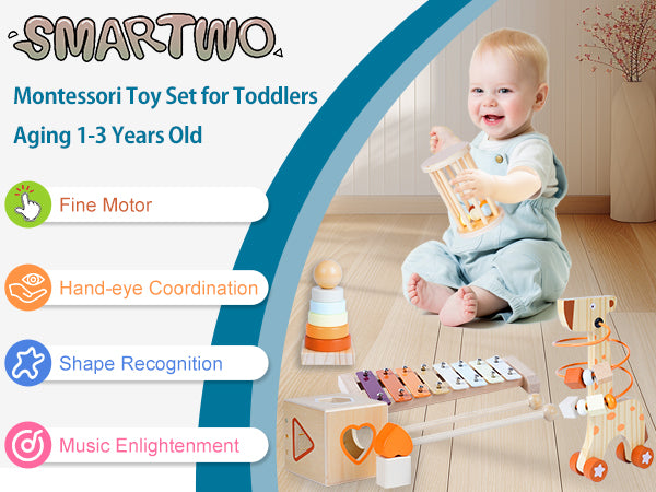 Smarttwo Wooden Montessori Toy Set for Toddlers 1-3, Educational for Shape Sorting, Stacking, Musical Delightment (5units)