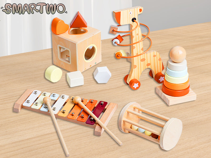 Smarttwo Wooden Montessori Toy Set for Toddlers 1-3, Educational for Shape Sorting, Stacking, Musical Delightment (5units)