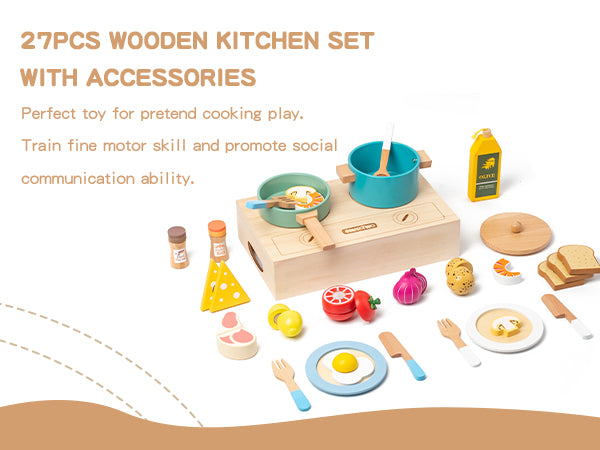 Smartwo Wooden Play Cooking Set, Kitchen Accessories Food Toy for Toddlers Pretend Play (27PCS)