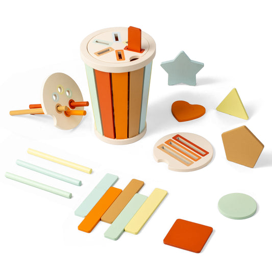 Smartwo Montessori Sensory Toy for Toddlers, 3 in1 Wooden Learning Color and Shape Sorting Matching Games（Orange）