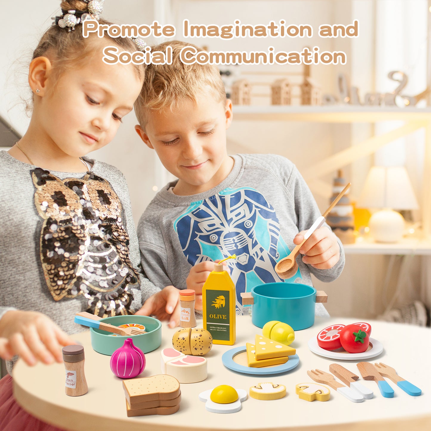 Smartwo Wooden Play Cooking Set, Kitchen Accessories Food Toy for Toddlers Pretend Play (27PCS)