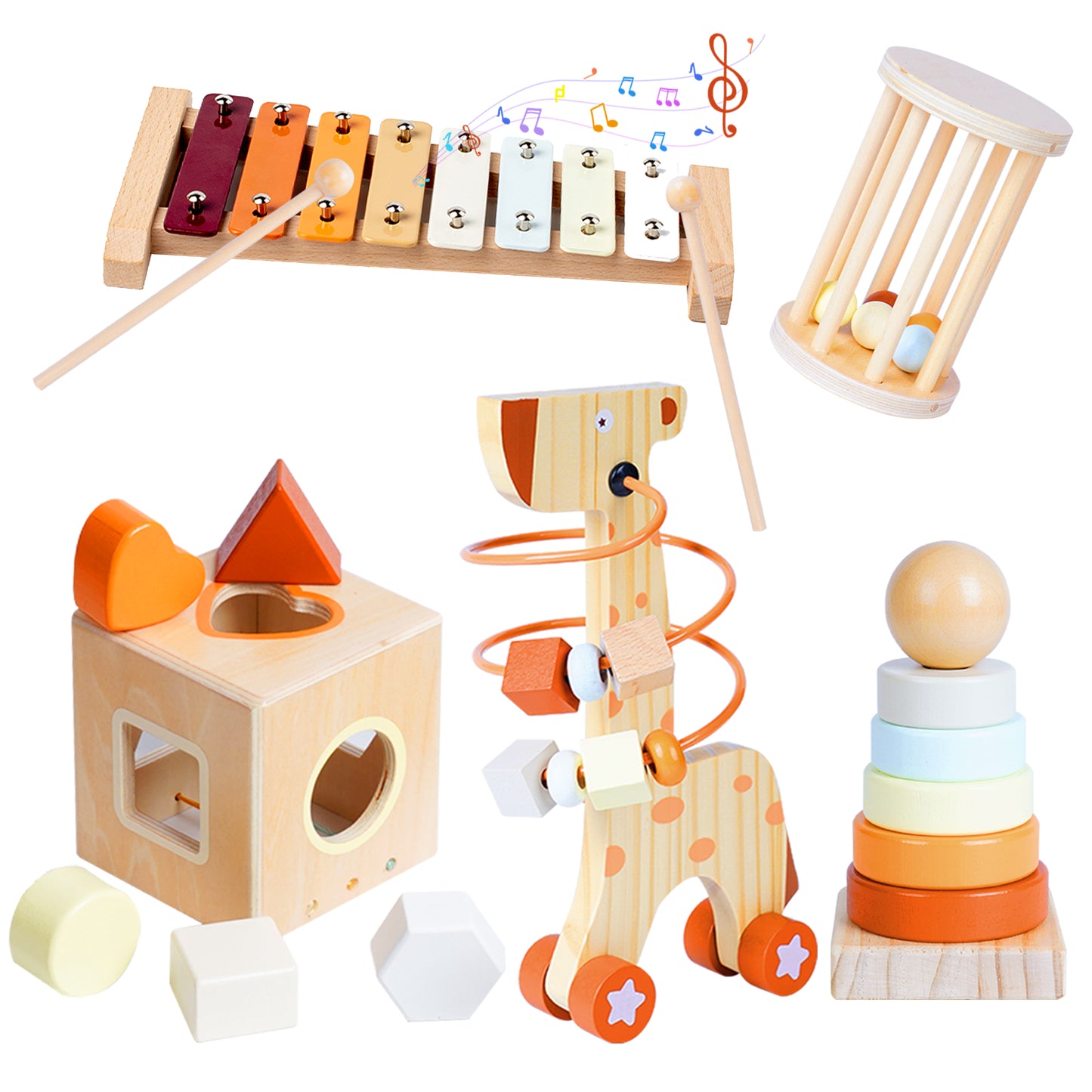 Smarttwo Wooden Montessori Toy Set for Toddlers 1-3, Educational for Shape Sorting, Stacking, Musical Delightment (5units)