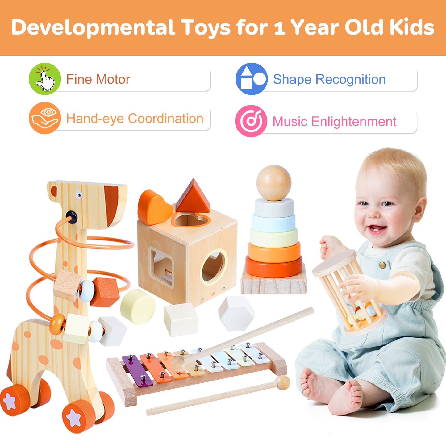 Smarttwo Wooden Montessori Toy Set for Toddlers 1-3, Educational for Shape Sorting, Stacking, Musical Delightment (5units)