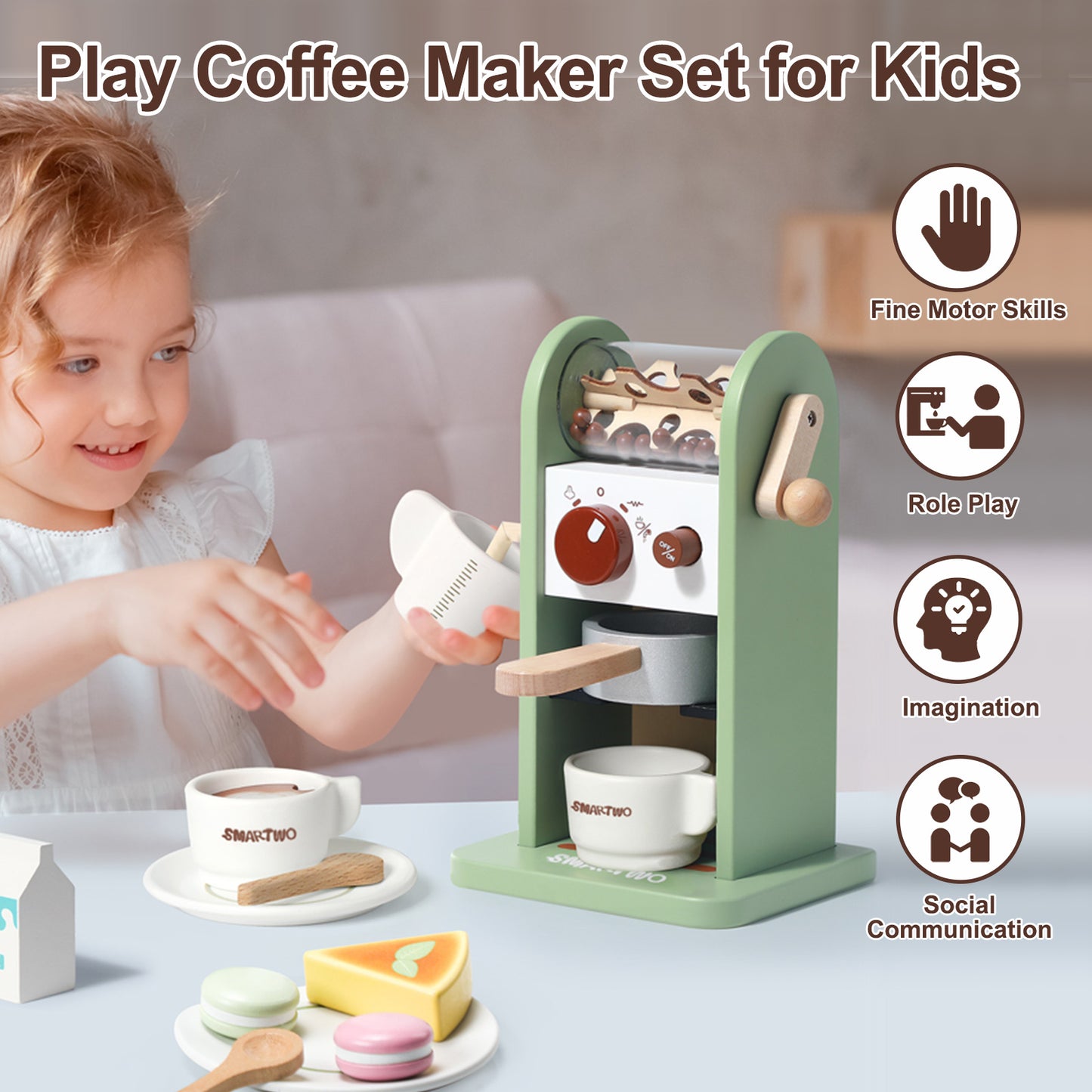 Smarto Wooden Coffee Maker Playset for Toddlers Pretend Game (17PCS Accessories)