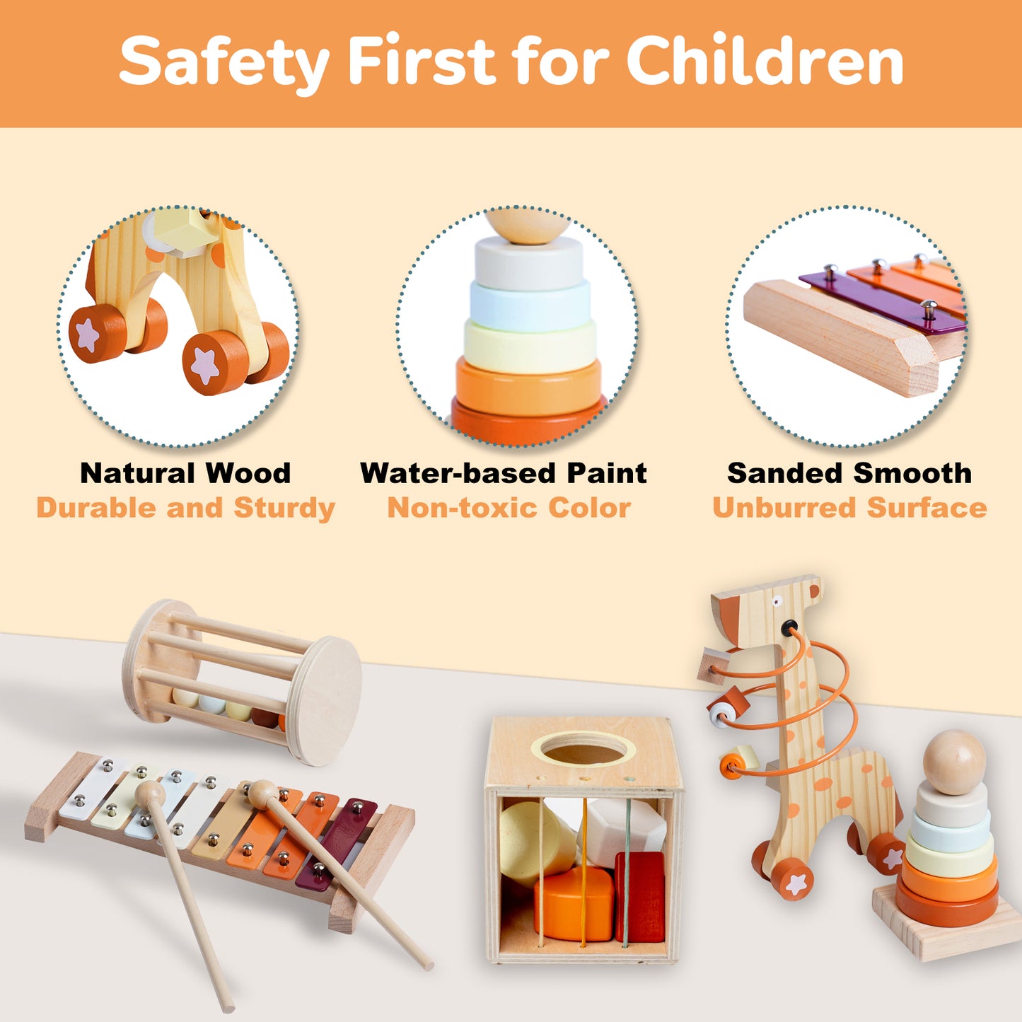 Smarttwo Wooden Montessori Toy Set for Toddlers 1-3, Educational for Shape Sorting, Stacking, Musical Delightment (5units)
