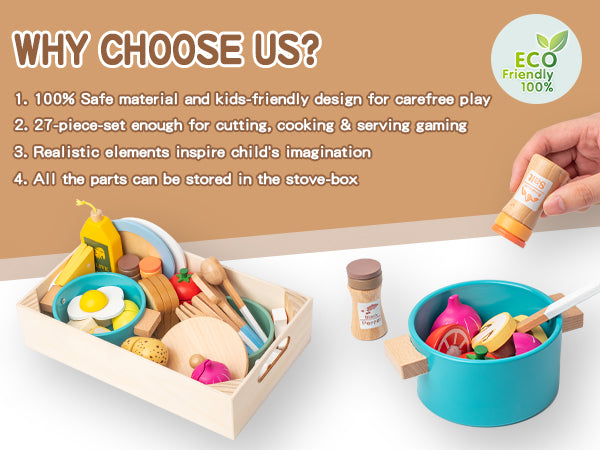 Smartwo Wooden Play Cooking Set, Kitchen Accessories Food Toy for Toddlers Pretend Play (27PCS)