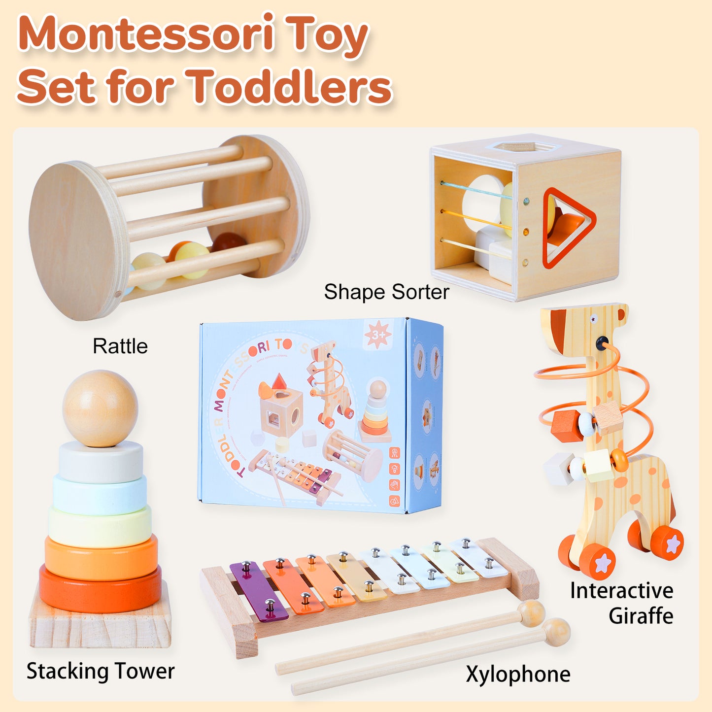 Smarttwo Wooden Montessori Toy Set for Toddlers 1-3, Educational for Shape Sorting, Stacking, Musical Delightment (5units)