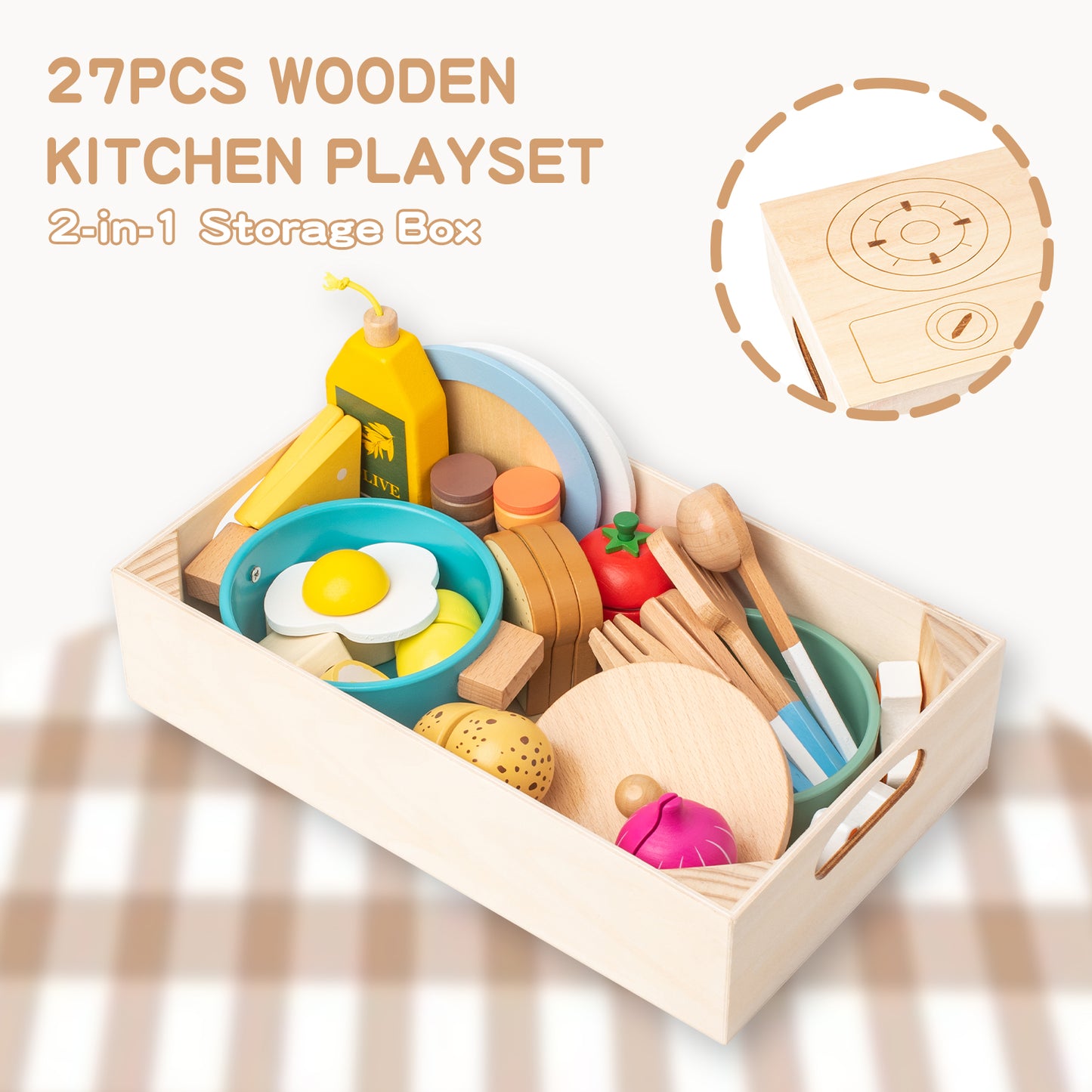 Smartwo Wooden Play Cooking Set, Kitchen Accessories Food Toy for Toddlers Pretend Play (27PCS)