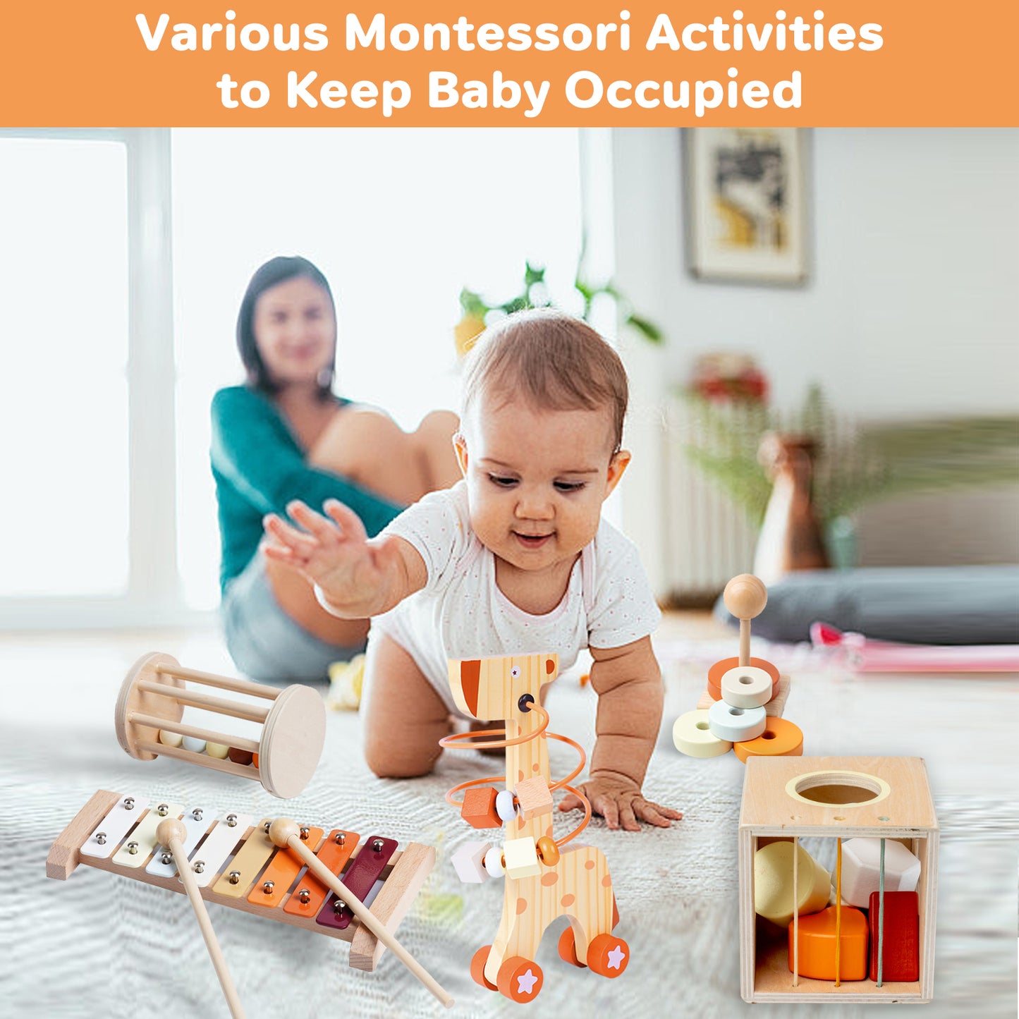Smarttwo Wooden Montessori Toy Set for Toddlers 1-3, Educational for Shape Sorting, Stacking, Musical Delightment (5units)