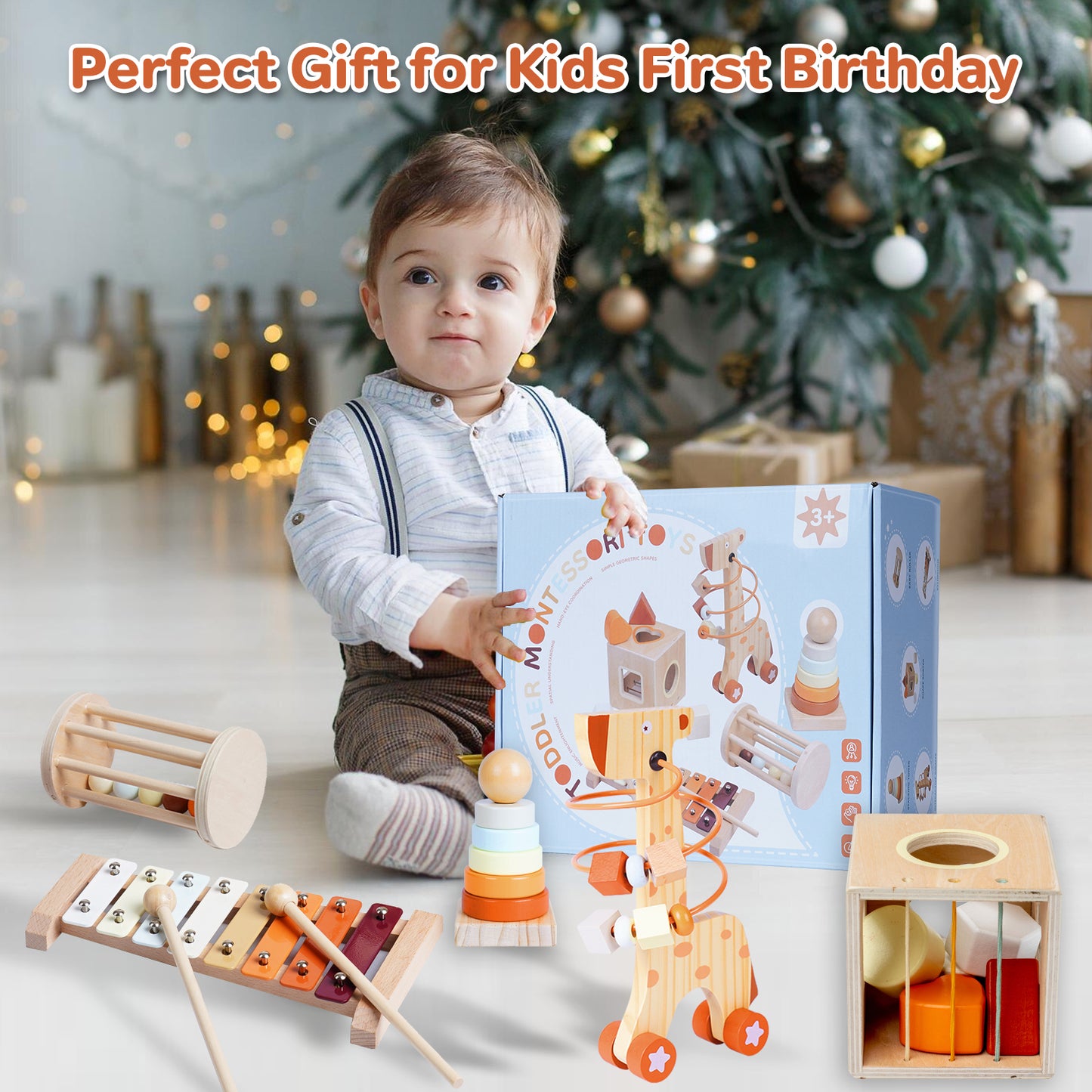 Smarttwo Wooden Montessori Toy Set for Toddlers 1-3, Educational for Shape Sorting, Stacking, Musical Delightment (5units)