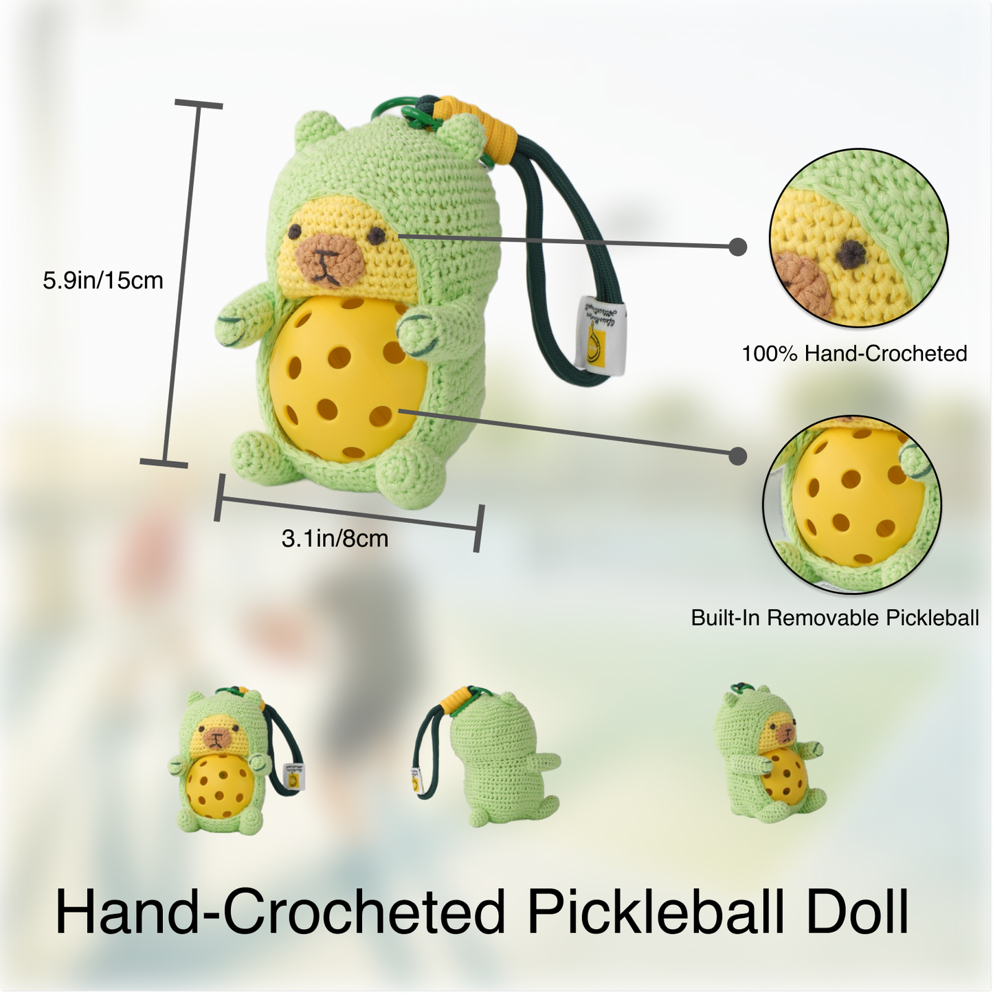 Pickleball Funny Gift for Women or Men | Hand-Crochet PickleDoll Capybara Keychain | Pickleball Plush Tote Bag Charm | Ideal Gift for Pickleball Players or Teammates