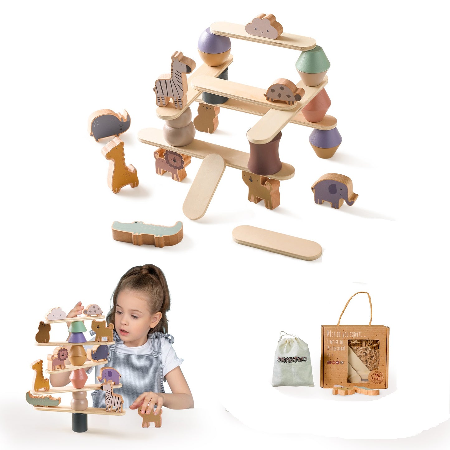 Smartwo Wooden Animals Threading Stacking Block Set for Toddlers Montessori Activities