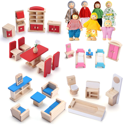 Dollhouse Furniture and Family Dolls, Wood Accessories and Furnishings for 1:12 Scale Miniature Dollhouse, Family Figures Pretend Play Toy