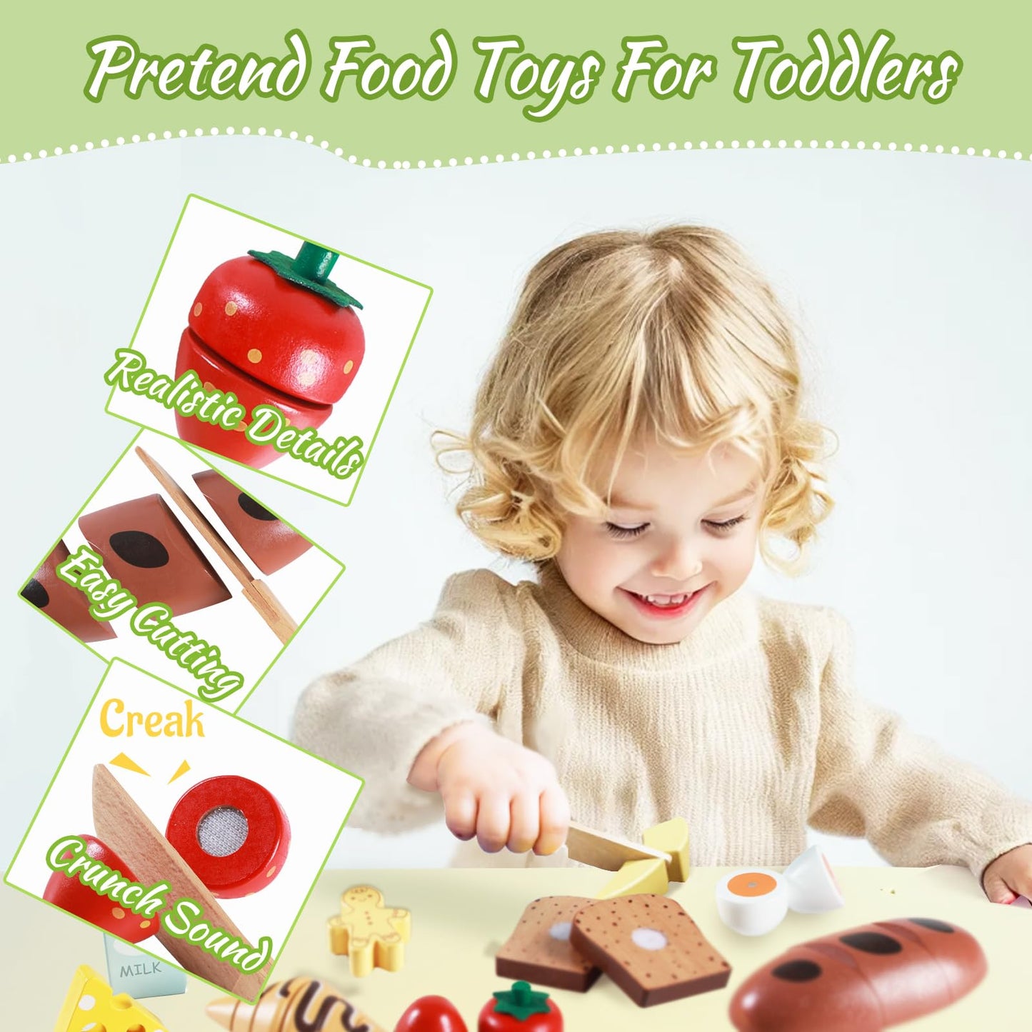 Smartwo Wooden Pretend Play Breakfast Food Toy for Toddlers