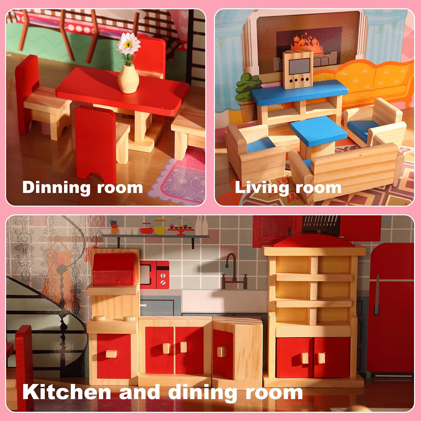 Dollhouse Furniture and Family Dolls, Wood Accessories and Furnishings for 1:12 Scale Miniature Dollhouse, Family Figures Pretend Play Toy