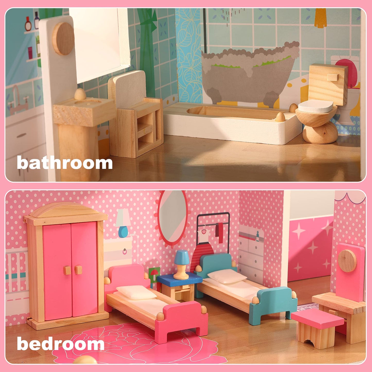 Dollhouse Furniture and Family Dolls, Wood Accessories and Furnishings for 1:12 Scale Miniature Dollhouse, Family Figures Pretend Play Toy