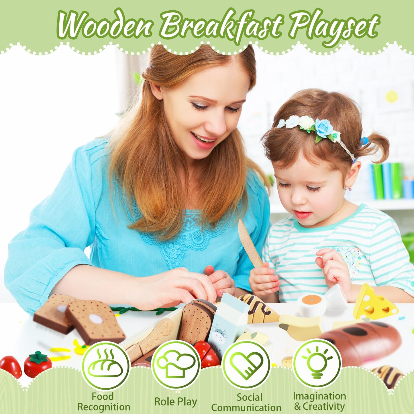 Smartwo Wooden Pretend Play Breakfast Food Toy for Toddlers