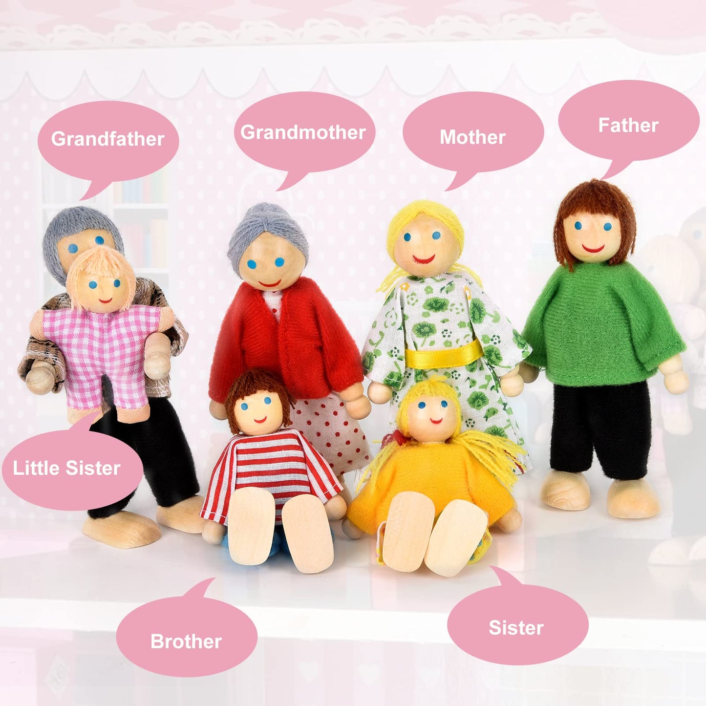 Dollhouse Furniture and Family Dolls, Wood Accessories and Furnishings for 1:12 Scale Miniature Dollhouse, Family Figures Pretend Play Toy