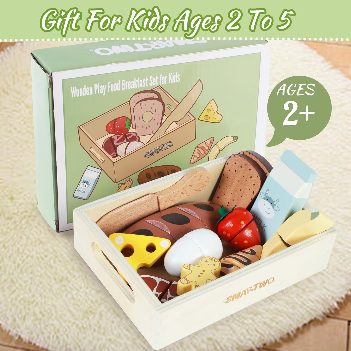 Smartwo Wooden Pretend Play Breakfast Food Toy for Toddlers