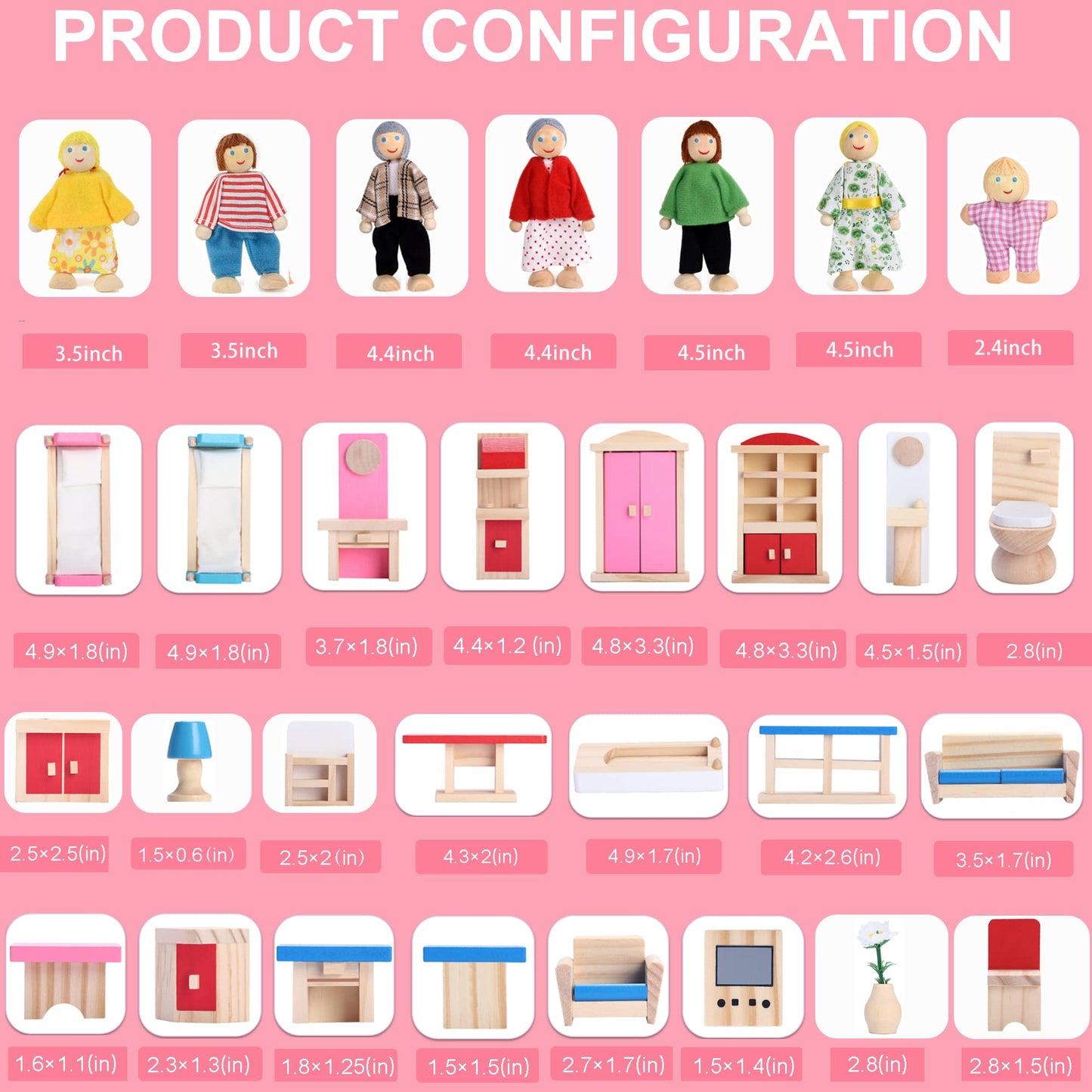 Dollhouse Furniture and Family Dolls, Wood Accessories and Furnishings for 1:12 Scale Miniature Dollhouse, Family Figures Pretend Play Toy