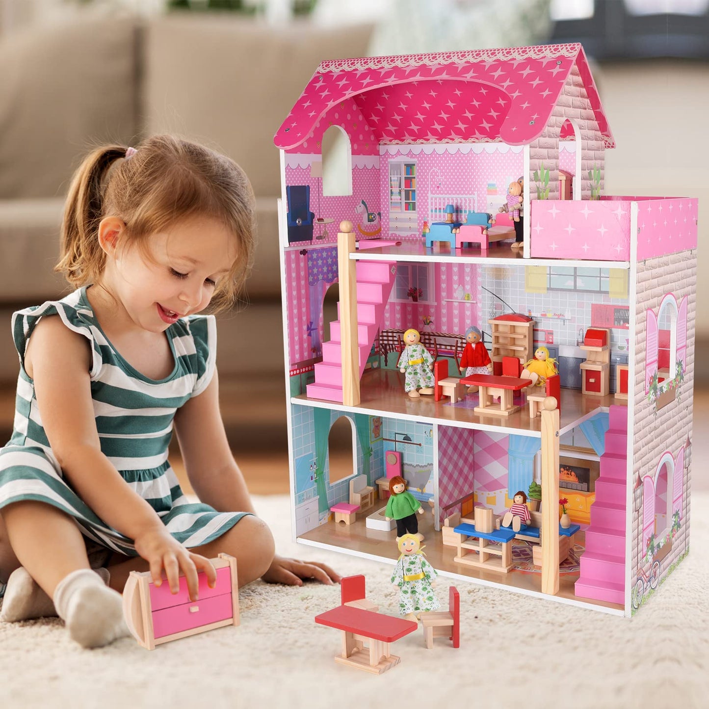 Dollhouse Furniture and Family Dolls, Wood Accessories and Furnishings for 1:12 Scale Miniature Dollhouse, Family Figures Pretend Play Toy