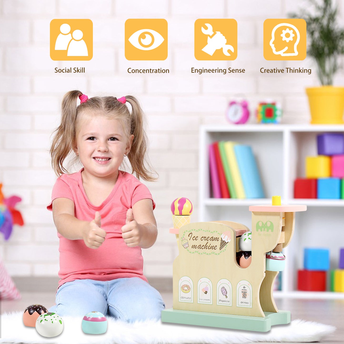 Ice Cream Maker Toy for Toddler's Kitchen Pretending Play, Train Fine Motor Skill and Concentration for Kid's Early Education